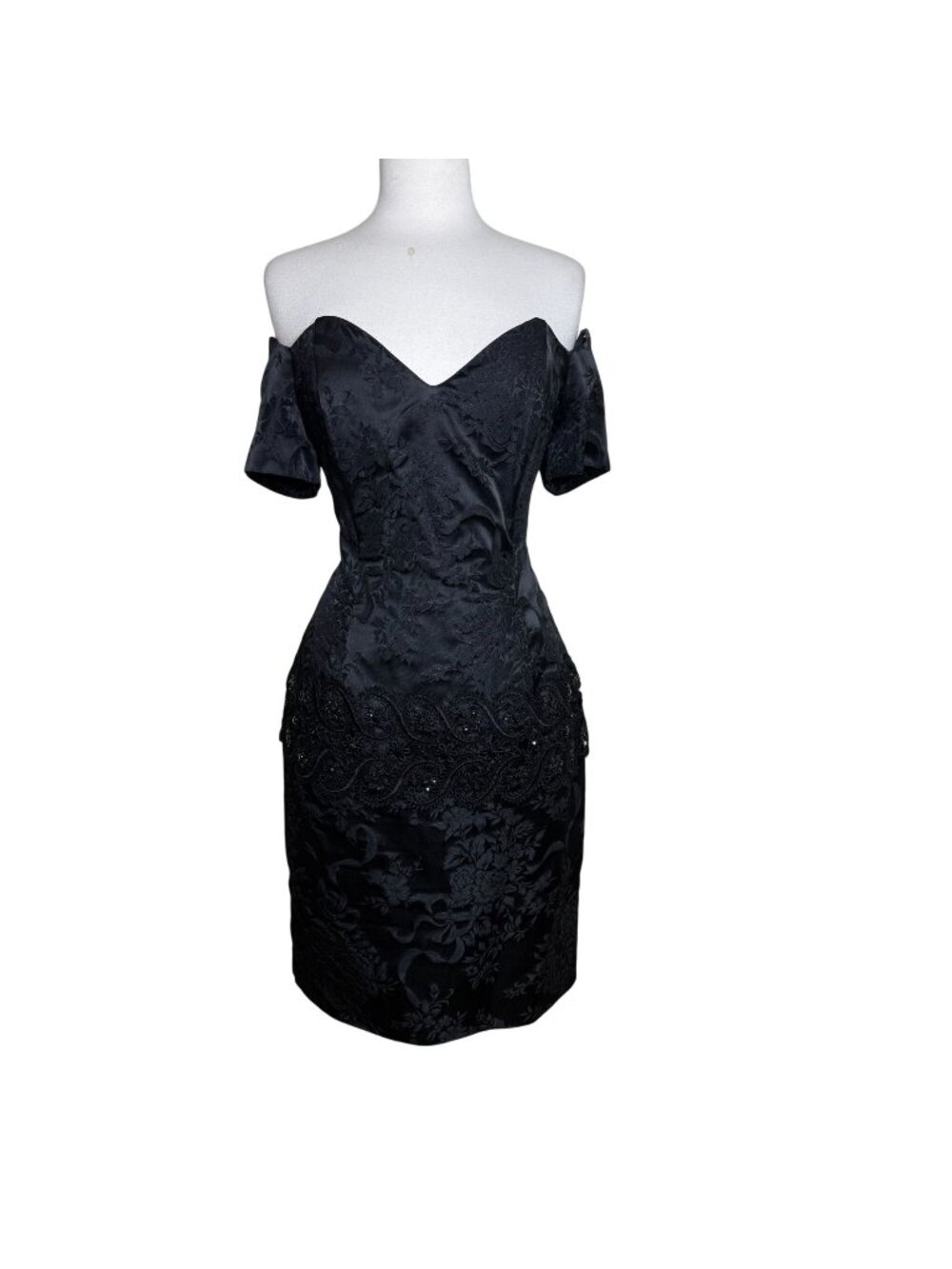 Vintage 90s Scott McClintock Black Brocade Off-the-Shoulder Beaded Sheath Dress